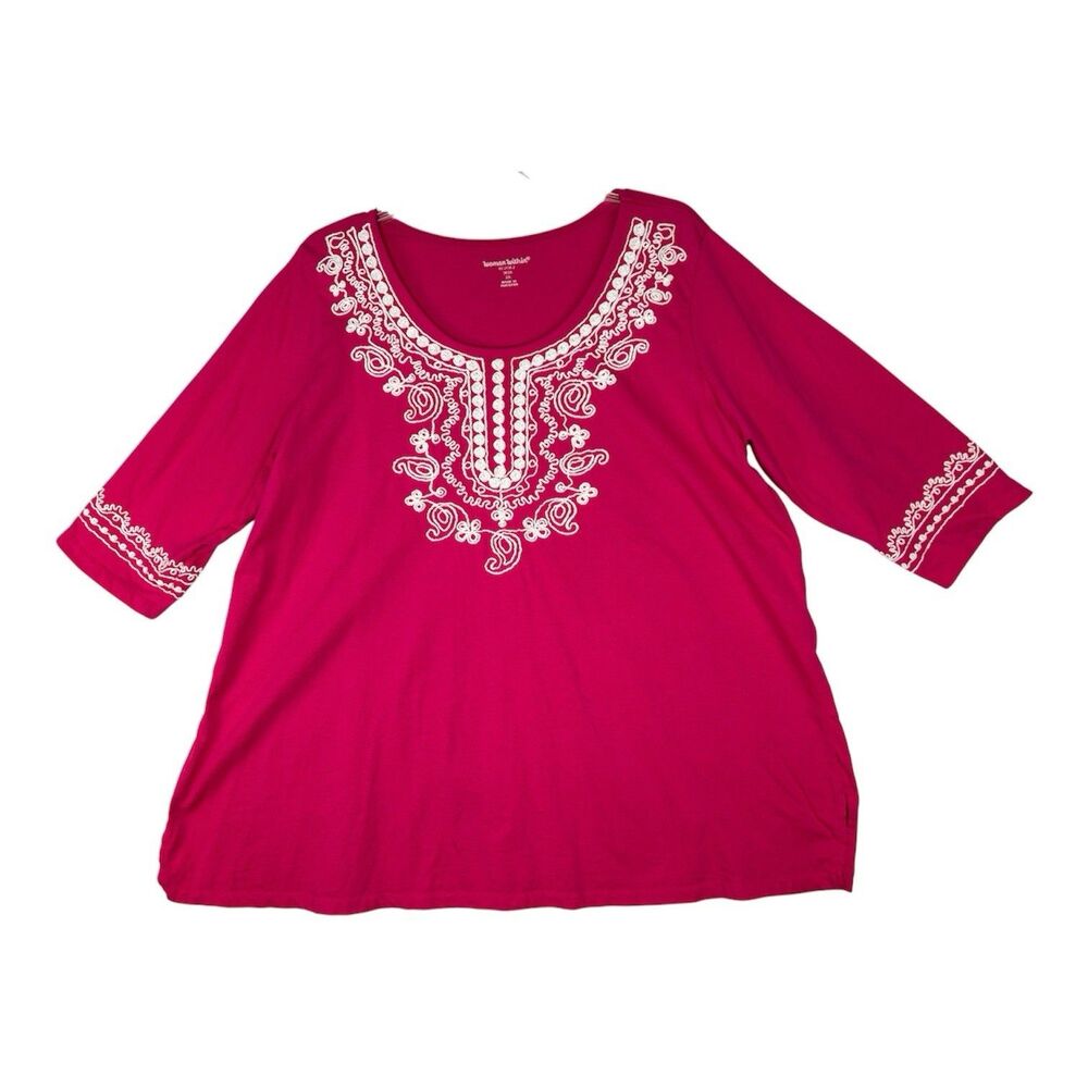 Woman Within 2X Pink Scoop Neck White Embroidered 3/4 Sleeve Blouse Shirt Top